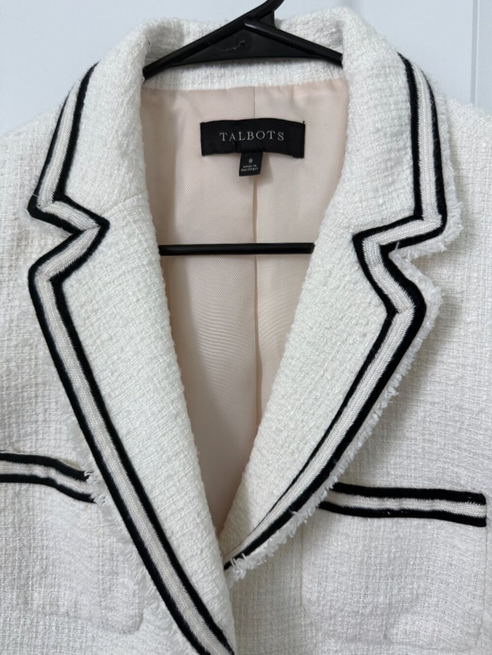Talbots Tweed Blazer Ivory Black Piping Fringe Jacket Size 8 - Picture 5 of 6